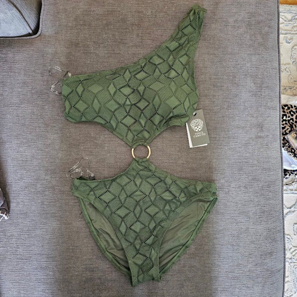 Vince Camuto Women Green knit One Shoulder Ring Linked One Piece Swimsuit Size 6